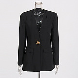 SUPER WHOLESALE | V-Neck Metallic Button Waist-Defined Slimming Blazer