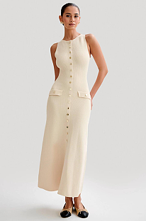 SUPER WHOLESALE | Sleeveless Round Neck Slim Fit Knitted Dress in Apricot