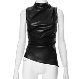 SUPER WHOLESALE | Layered Collar Pu Material Off-shoulder Top in Black