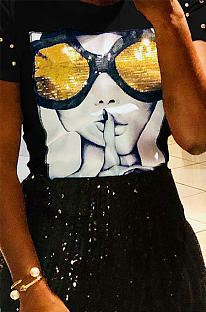 SUPER WHOLESALE | Sequin Printed Patch Beaded Short Sleeve T-Shirt