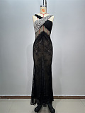 SUPER WHOLESALE | Black Crossover Crystal-embellished Maxi Dress