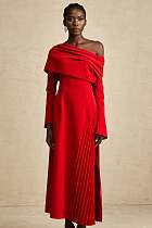 SUPER WHOLESALE | Valentine red high-slit pleated maxi dress