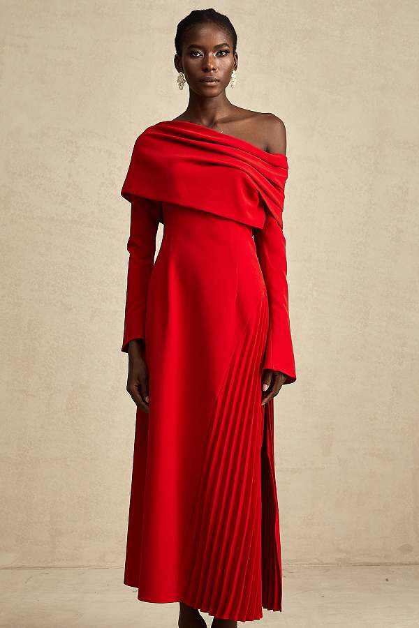 SUPER WHOLESALE | Valentine red high-slit pleated maxi dress