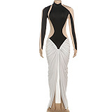 SUPER WHOLESALE | Half High Neck Long Sleeve Color-Block Pleated Dress