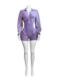 SUPER WHOLESALE | Washed Vintage Style Lapel Deep V-Neck Fitted Long Sleeve Jumpsuit