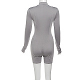 SUPER WHOLESALE |Slim Fit Zipper Long-Sleeve Solid Color Hip-Lifting Romper Shorts