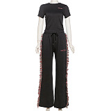 SUPER WHOLESALE | Round-neck embroidered short-sleeve T-shirt with high-waisted colorful fringe casual pants
