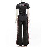 SUPER WHOLESALE | Round-neck embroidered short-sleeve T-shirt with high-waisted colorful fringe casual pants
