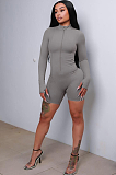 SUPER WHOLESALE |Slim Fit Zipper Long-Sleeve Solid Color Hip-Lifting Romper Shorts