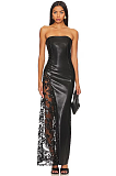 SUPER WHOLESALE | PU Leather Fashionable Strapless Lace Dress – Slim Fit Sexy Midi Dress
