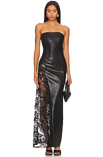 SUPER WHOLESALE | PU Leather Fashionable Strapless Lace Dress – Slim Fit Sexy Midi Dress