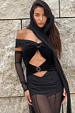 SUPER WHOLESALE | Off-Shoulder Sheer Mesh Long-Sleeve Ruched Dress – Cut-Out Floor-Length Gown