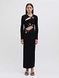SUPER WHOLESALE | Black Long-Sleeve Cut-Out Dress with Metal Accents – Split Bodycon Dress
