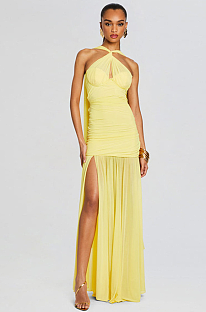 SUPER WHOLESALE | Halter Neck Mesh Panel Dress – Elegant Split Gown