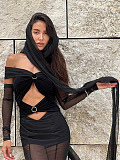 SUPER WHOLESALE | Off-Shoulder Sheer Mesh Long-Sleeve Ruched Dress – Cut-Out Floor-Length Gown