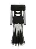 SUPER WHOLESALE | Off-Shoulder Sheer Mesh Long-Sleeve Ruched Dress – Cut-Out Floor-Length Gown