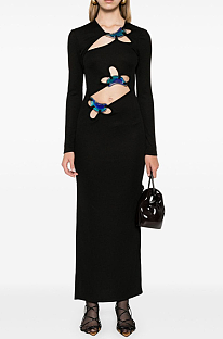 SUPER WHOLESALE | Black Long-Sleeve Cut-Out Dress with Metal Accents – Split Bodycon Dress