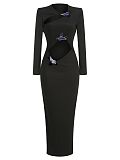 SUPER WHOLESALE | Black Long-Sleeve Cut-Out Dress with Metal Accents – Split Bodycon Dress