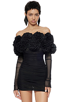 SUPER WHOLESALE | Floral Accent Sexy Strapless Dress with Sheer Mesh Long Sleeves – Bodycon Gown