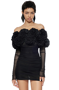 SUPER WHOLESALE | Floral Accent Sexy Strapless Dress with Sheer Mesh Long Sleeves – Bodycon Gown