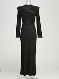 SUPER WHOLESALE | Black Long-Sleeve Cut-Out Dress with Metal Accents – Split Bodycon Dress