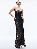 SUPER WHOLESALE | PU Leather Fashionable Strapless Lace Dress – Slim Fit Sexy Midi Dress