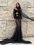SUPER WHOLESALE | Off-Shoulder Sheer Mesh Long-Sleeve Ruched Dress – Cut-Out Floor-Length Gown