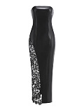SUPER WHOLESALE | PU Leather Fashionable Strapless Lace Dress – Slim Fit Sexy Midi Dress