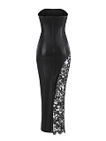SUPER WHOLESALE | PU Leather Fashionable Strapless Lace Dress – Slim Fit Sexy Midi Dress