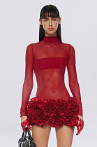 SUPER WHOLESALE | High-Neck Sheer Mesh Long-Sleeve Dress – Slim Fit Elegant Floral Gown
