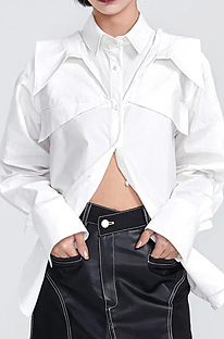 SUPER WHOLESALE | Double Collar Patchwork White Shirt