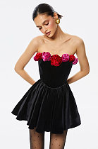 SUPER WHOLESALE | Strapless Color Block Dress with Floral Accents