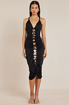 SUPER WHOLESALE | V-Neck Backless Spaghetti Strap Dress with Metal Accents – Ruched Bodycon Dress