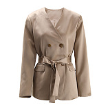 SUPER WHOLESALE | V-Neck Double-Breasted Belted Waist Blazer With Skirt