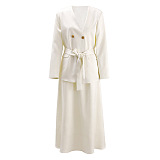 SUPER WHOLESALE | V-Neck Double-Breasted Belted Waist Blazer With Skirt