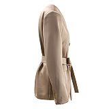 SUPER WHOLESALE | V-Neck Double-Breasted Belted Waist Blazer With Skirt