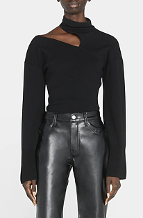 SUPER WHOLESALE | Half-Turtleneck Slim Hollow-Out Long-Sleeve Knit Top