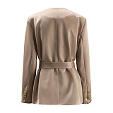 SUPER WHOLESALE | V-Neck Double-Breasted Belted Waist Blazer With Skirt