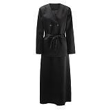 SUPER WHOLESALE | V-Neck Double-Breasted Belted Waist Blazer With Skirt