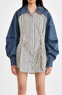 SUPER WHOLESALE | Contrast Color Denim Zipper Loose Striped Shirt