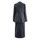 SUPER WHOLESALE | Striped V-Neck Slit Dress With Loose Blazer Two-Piece Set
