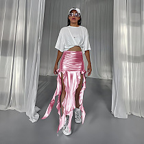 SUPER WHOLESALE | Ribbon Tassel Reflective PU Mermaid Skirt