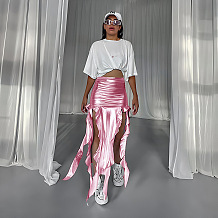 SUPER WHOLESALE | Ribbon Tassel Reflective PU Mermaid Skirt