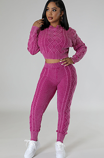 SUPER WHOLESALE | Vintage Washed Cable-Knit Argyle Pullover Sweater Set in Rose