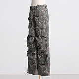 SUPER WHOLESALE | Multi-Pocket Washed High-Waist Camouflage Cargo Wide-Leg Jeans for Women
