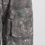 SUPER WHOLESALE | Multi-Pocket Washed High-Waist Camouflage Cargo Wide-Leg Jeans for Women
