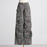 SUPER WHOLESALE | Multi-Pocket Washed High-Waist Camouflage Cargo Wide-Leg Jeans for Women