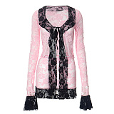 SUPER WHOLESALE | Lace Trim Patchwork Long-Sleeve Top and Skirt Set