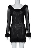 SUPER WHOLESALE | Fur Collar Long-Sleeve Off-Shoulder Fitted Dres