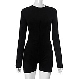 SUPER WHOLESALE | Zipper High-Neck Fitted Long-Sleeve Bodysuit Shorts
